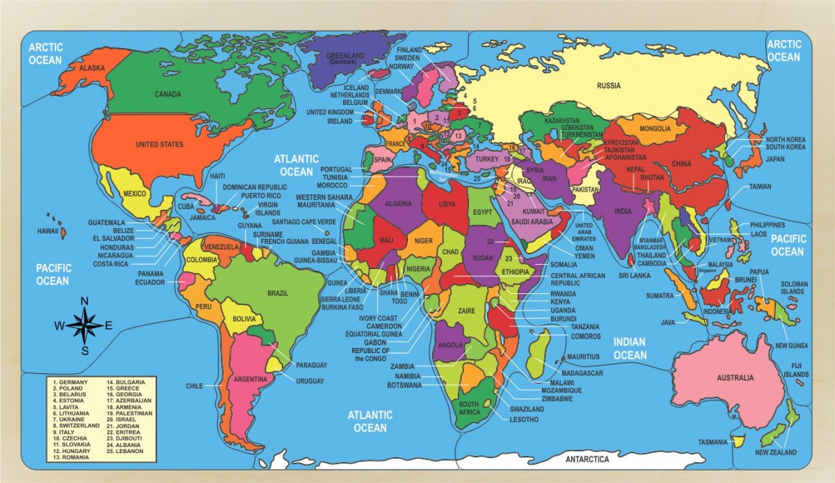 World Map Puzzle naming countries and their location.