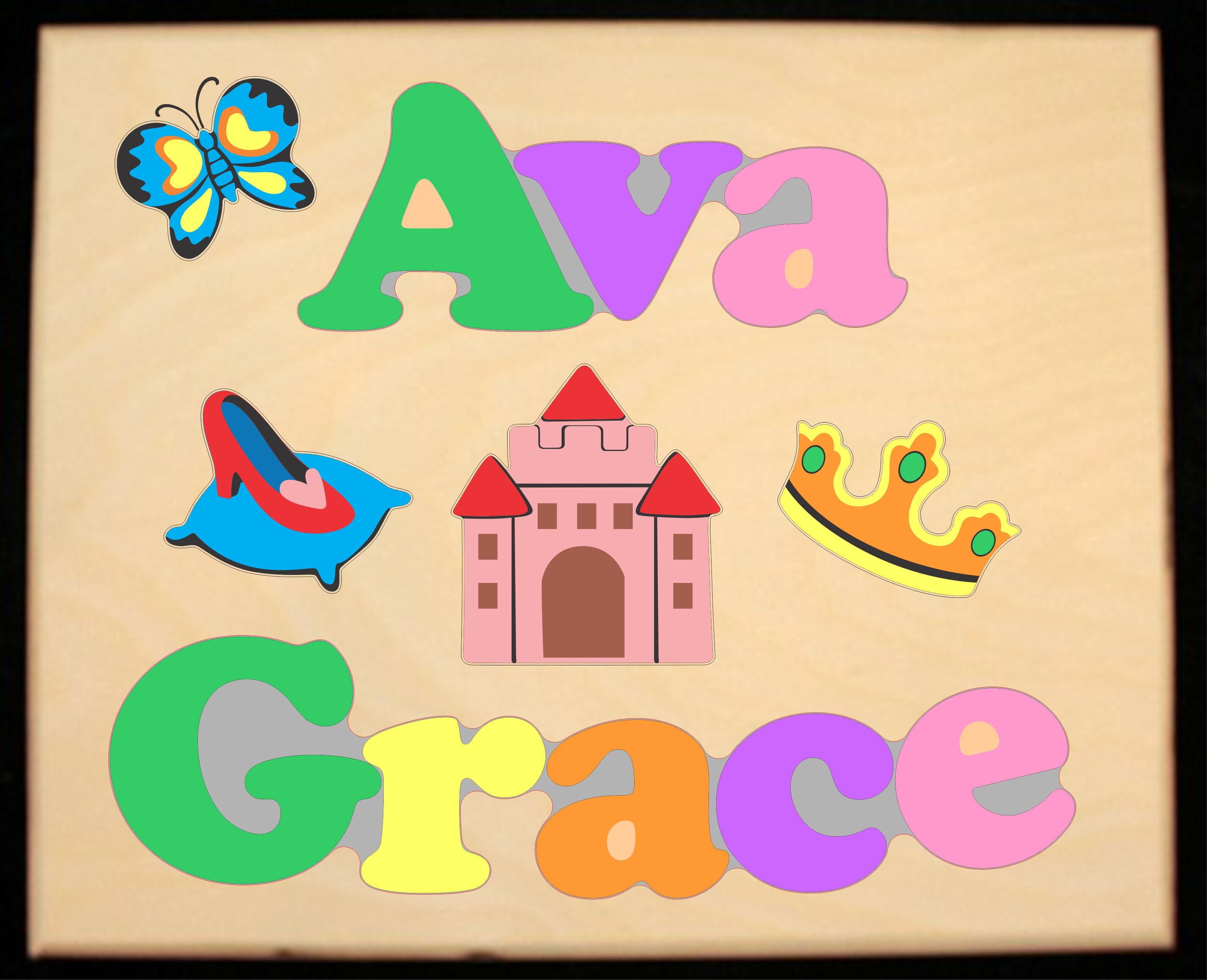 Custom 2 Name Princess Theme Puzzle in upper and lower case letters - Primary or Pastel, (FREE SHIPPING)
