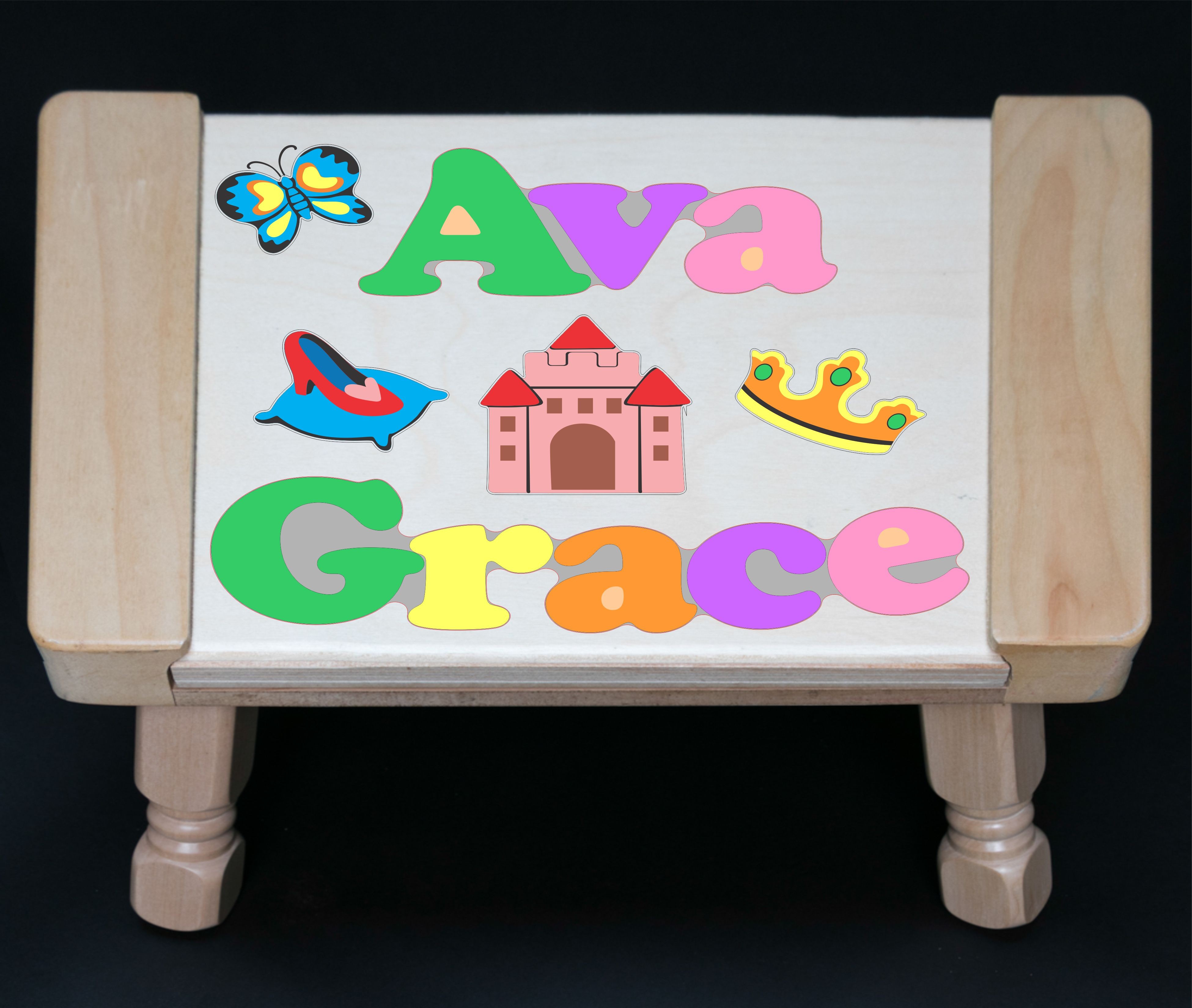 Custom 2 Name Princess Theme Puzzle Stool in upper and lower case letters - Primary or Pastel - (FREE SHIPPING)
