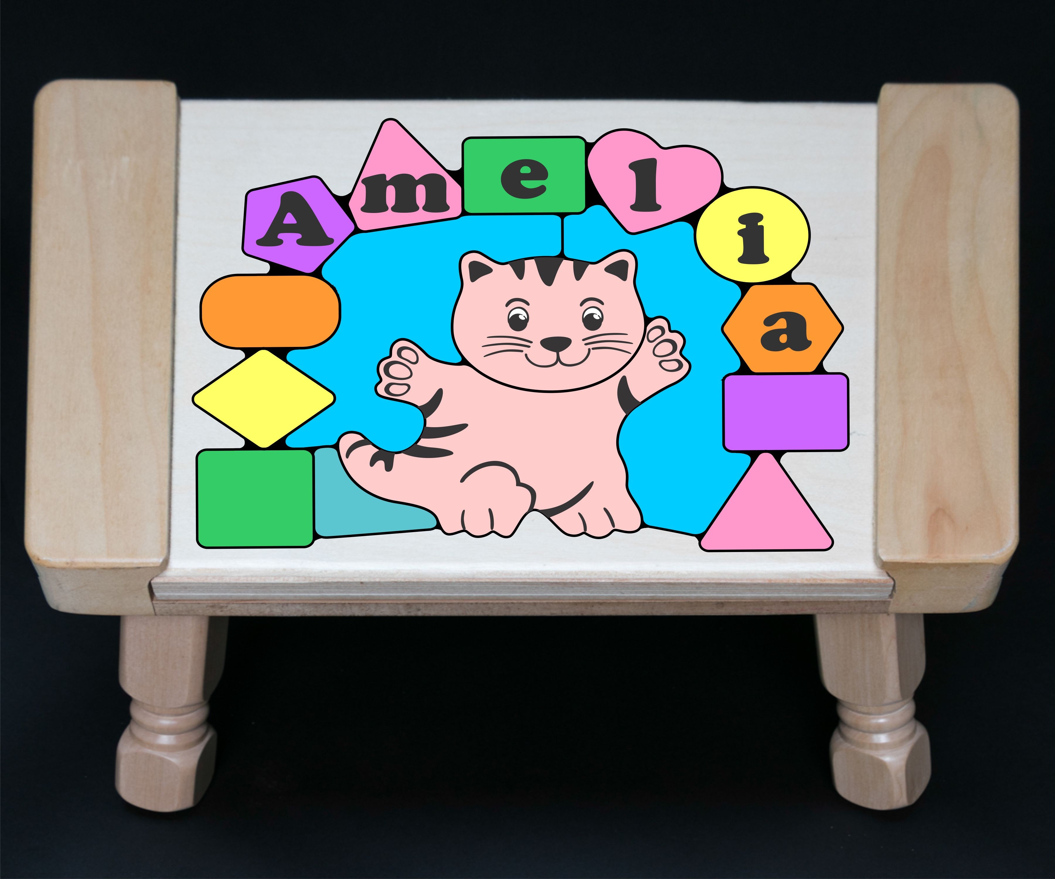 Personalized Name Cat Theme Puzzle Stool - Pastel (FREE SHIPPING)