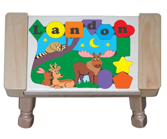 Personalized Name North Woods Forest Animals Theme Puzzle Stool - (FREE SHIPPING)