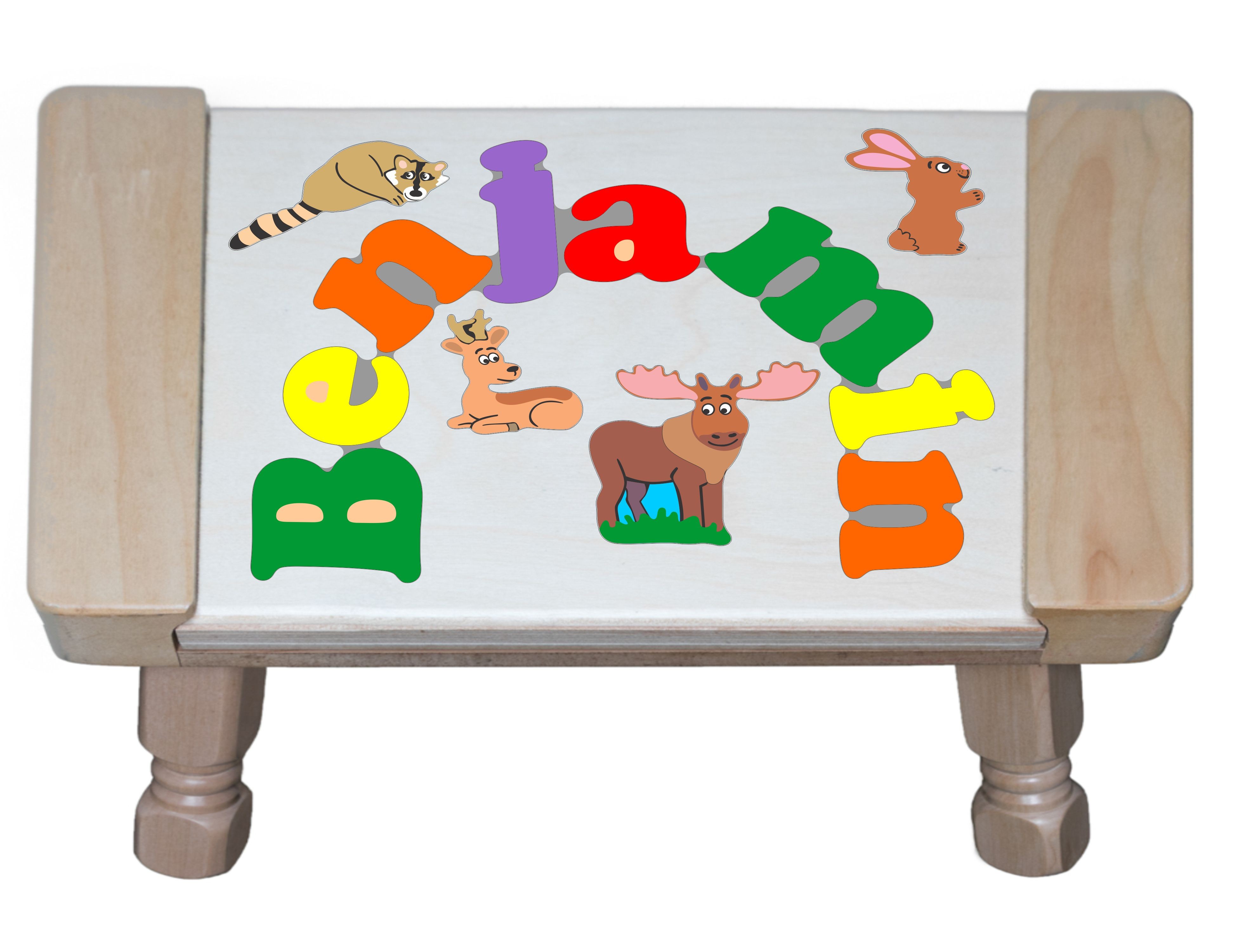 Custom Name(s) Forest Animals Theme Puzzle Stool in upper and lower case letters - Primary or Pastel (FREE SHIPPING)