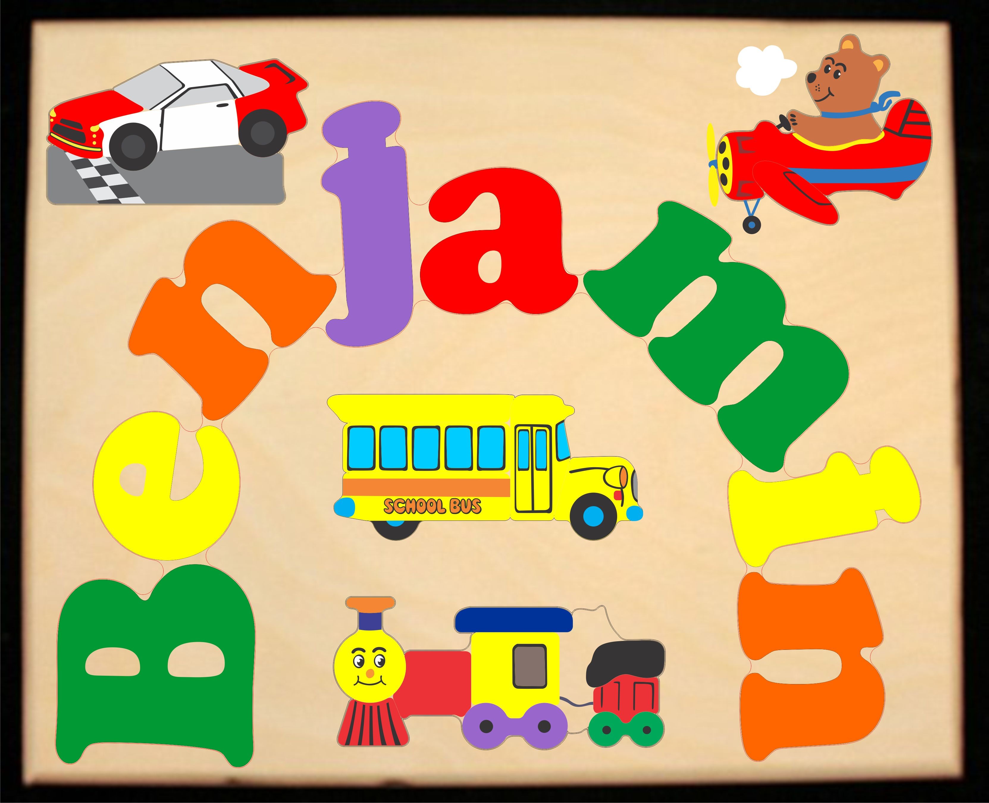 Custom Name(s) Plane Train Automobile Theme Puzzle in upper and lower case letters - Primary or Pastel, (FREE SHIPPING)