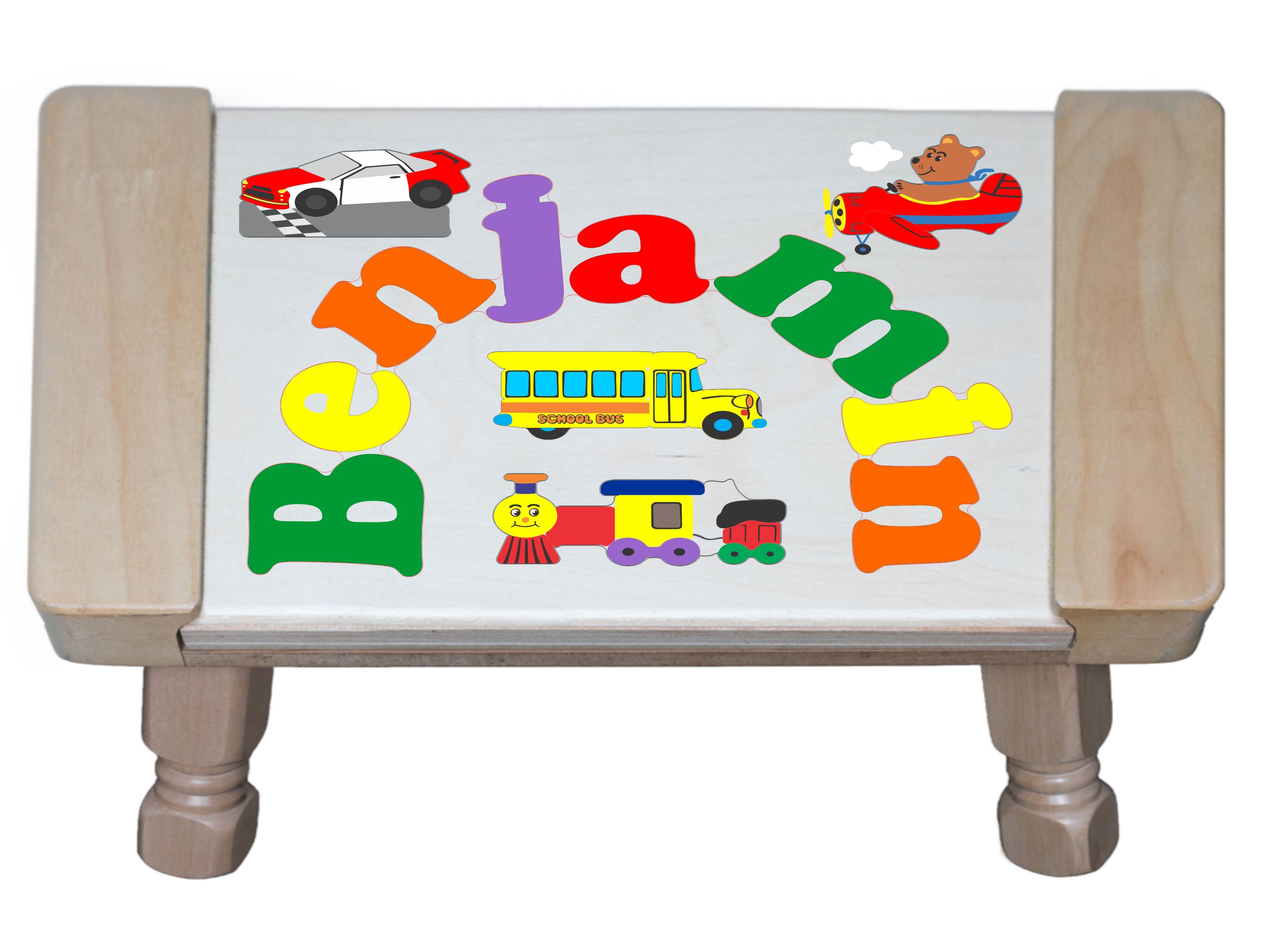 Custom Name(s) Plane Train Automobile Car Theme Puzzle Stool in upper and lower case letters - Primary or Pastel (FREE SHIPPING)